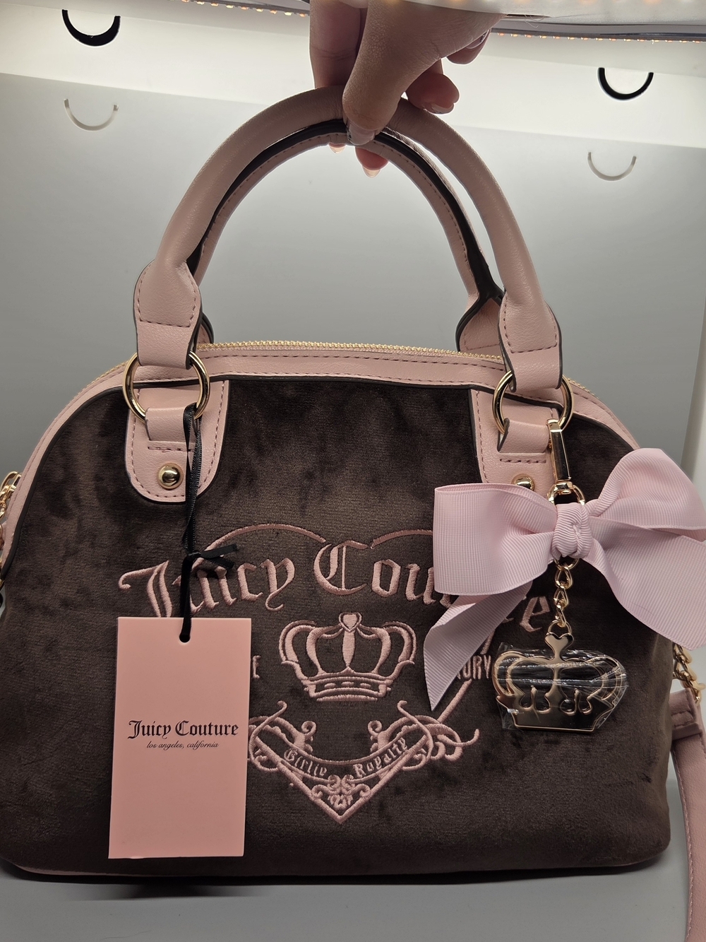 Juicy Couture Brown Velour Pink Crown Crest Satchel Bag Crossbody Purse NWT